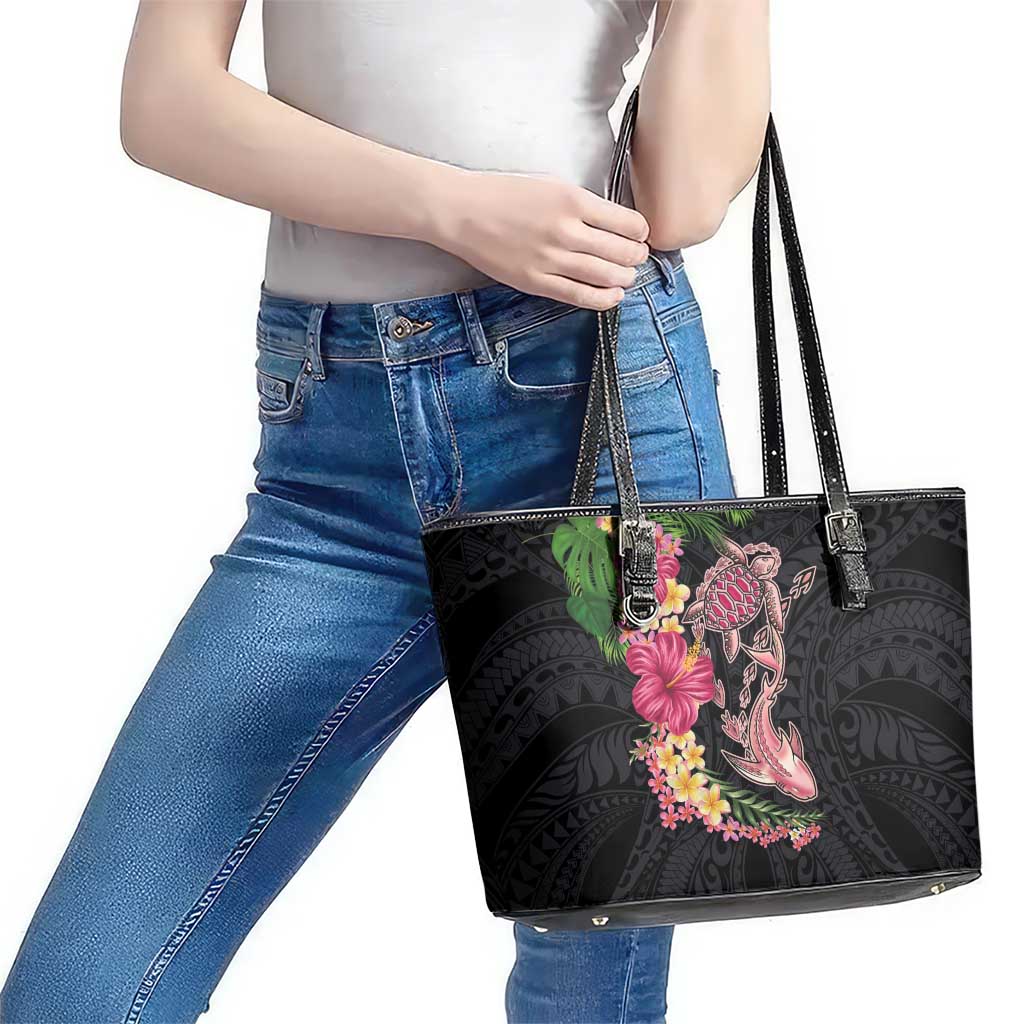 Hawaiian Tropical Plants Turtle and Shark Leather Tote Bag Polynesian Art Tattoo