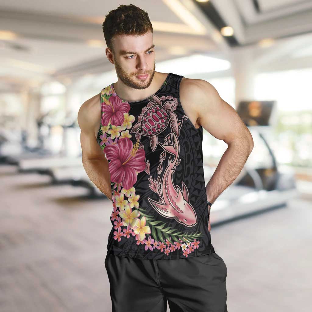 Hawaiian Tropical Plants Turtle and Shark Men Tank Top Polynesian Art Tattoo