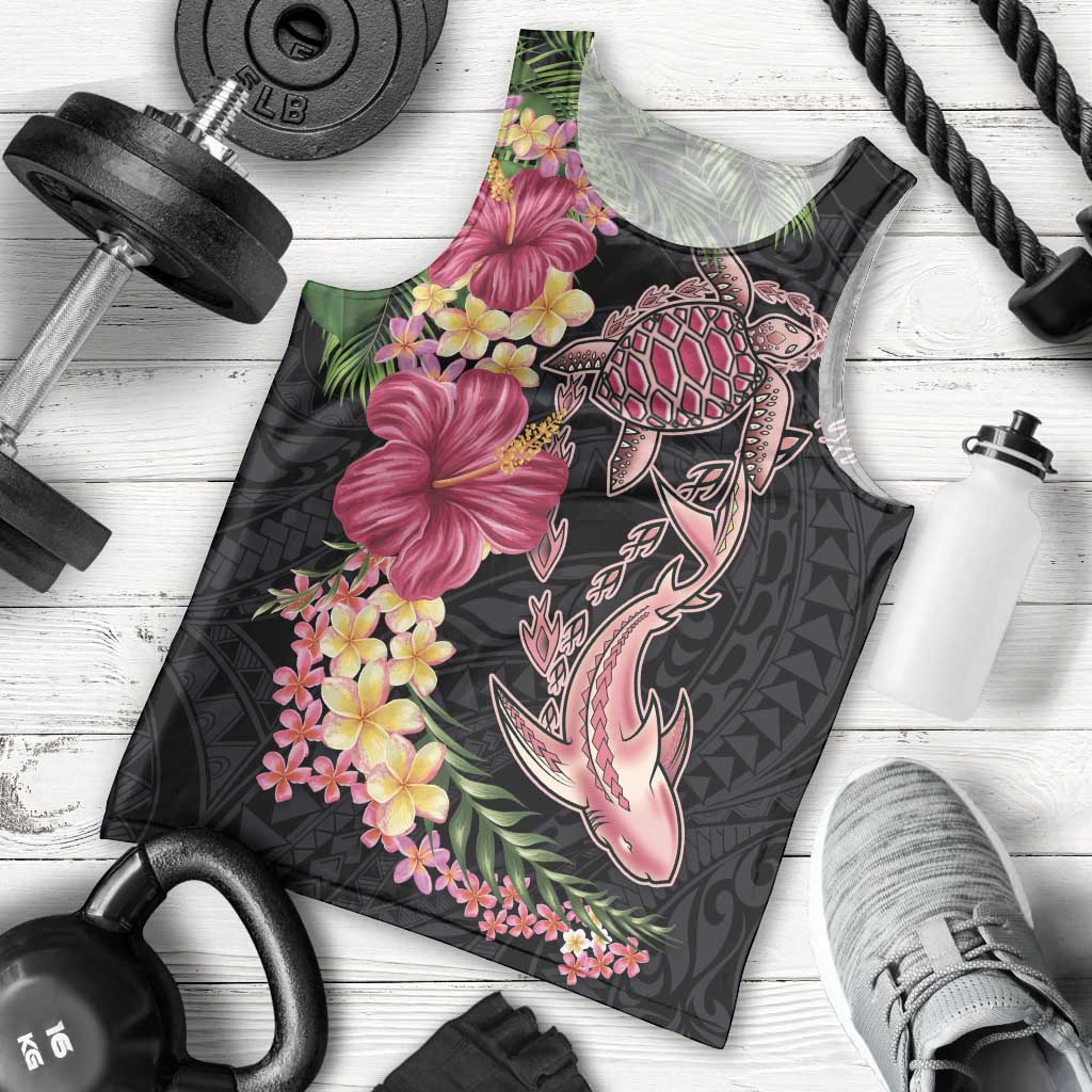 Hawaiian Tropical Plants Turtle and Shark Men Tank Top Polynesian Art Tattoo