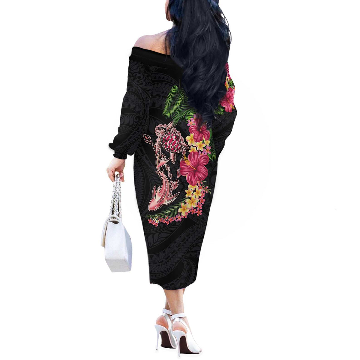 Hawaiian Tropical Plants Turtle and Shark Off The Shoulder Long Sleeve Dress Polynesian Art Tattoo