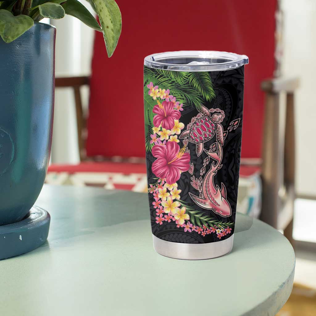 Hawaiian Tropical Plants Turtle and Shark Tumbler Cup Polynesian Art Tattoo