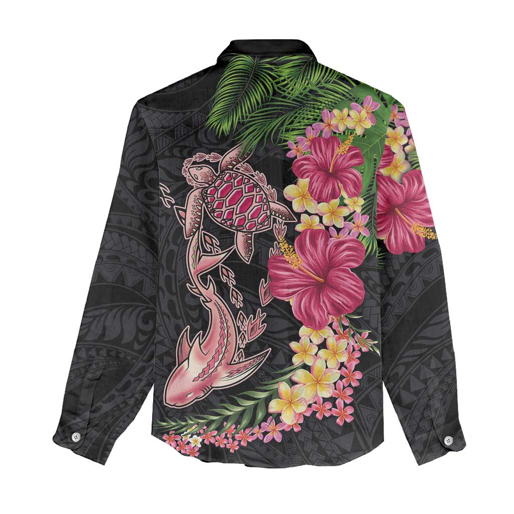 Hawaiian Tropical Plants Turtle and Shark Women Casual Shirt Polynesian Art Tattoo