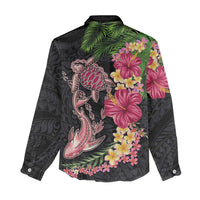 Hawaiian Tropical Plants Turtle and Shark Women Casual Shirt Polynesian Art Tattoo