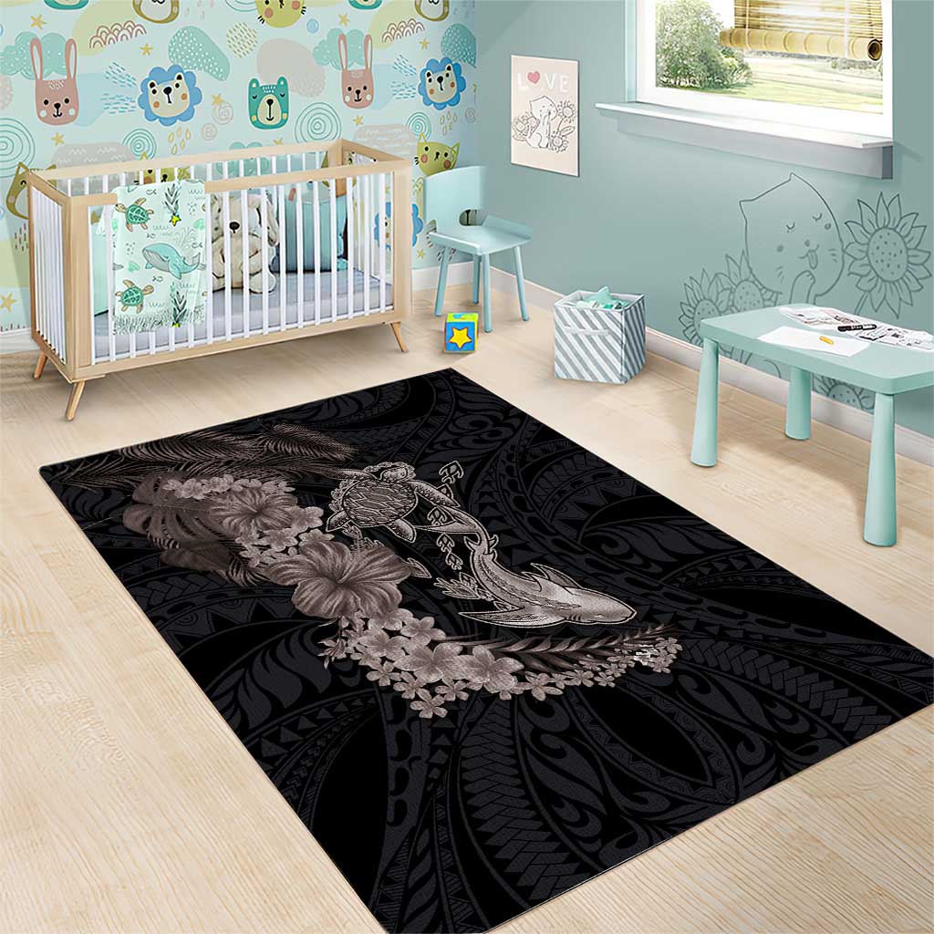 Hawaiian Tropical Plants Turtle and Shark Area Rug Polynesian Art Tattoo Grayscale Color