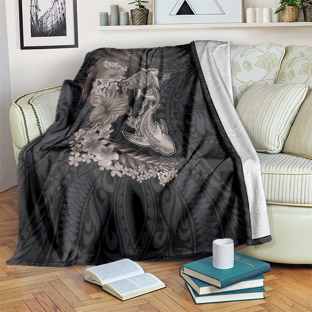Hawaiian Tropical Plants Turtle and Shark Blanket Polynesian Art Tattoo Grayscale Color