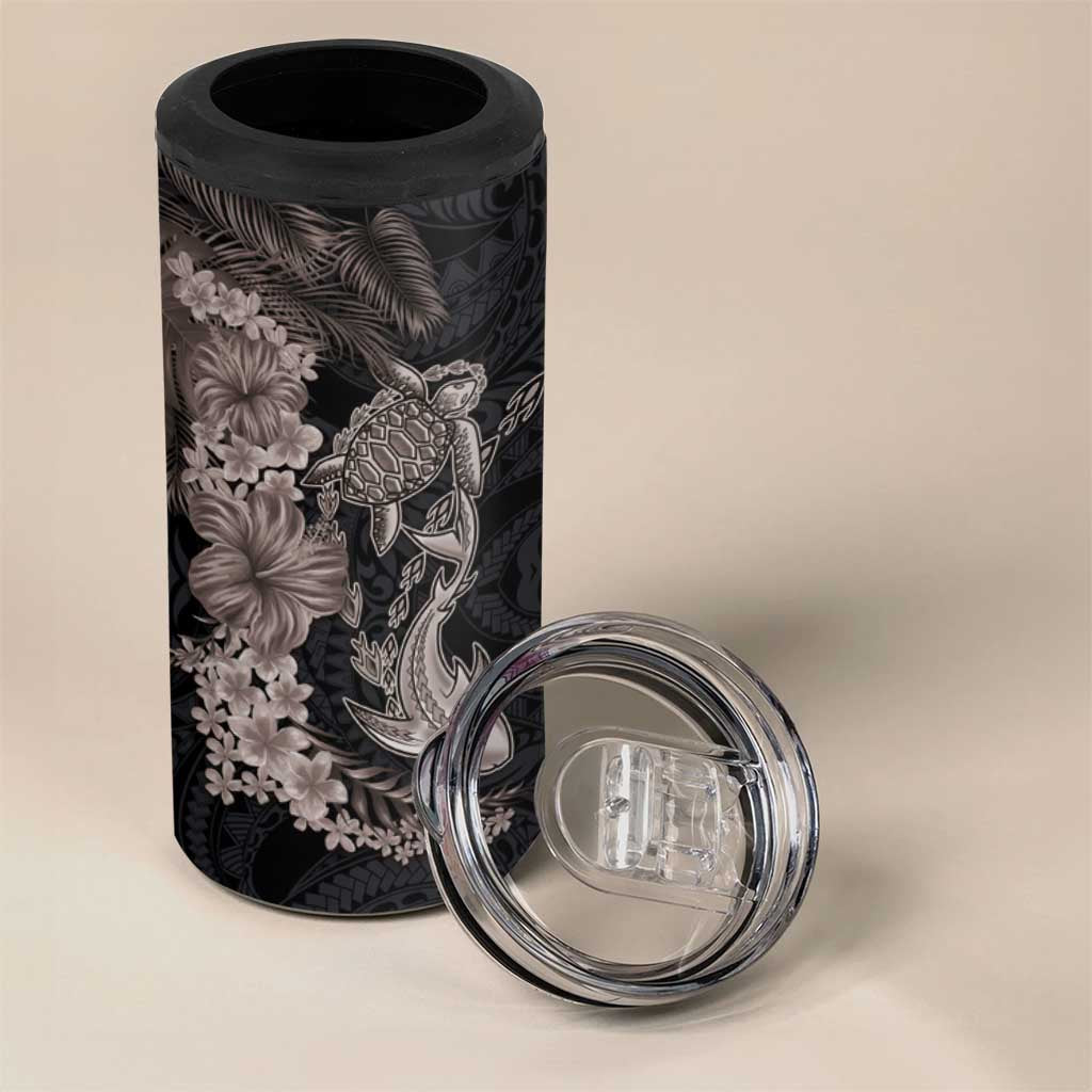 Hawaiian Tropical Plants Turtle and Shark 4 in 1 Can Cooler Tumbler Polynesian Art Tattoo Grayscale Color