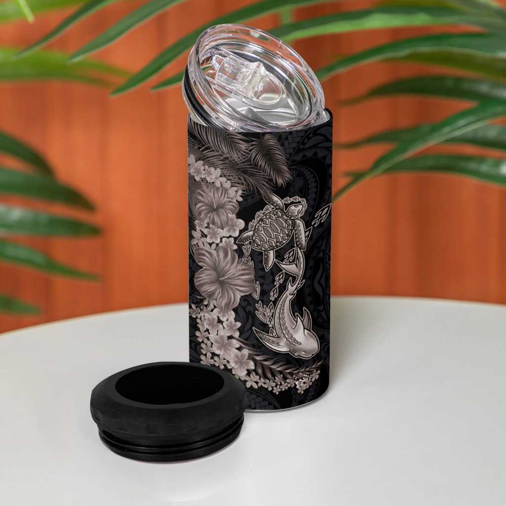 Hawaiian Tropical Plants Turtle and Shark 4 in 1 Can Cooler Tumbler Polynesian Art Tattoo Grayscale Color