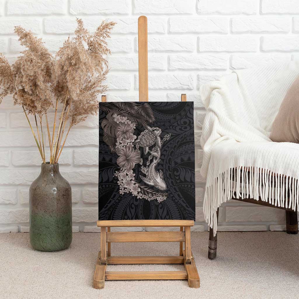Hawaiian Tropical Plants Turtle and Shark Canvas Wall Art Polynesian Art Tattoo Grayscale Color