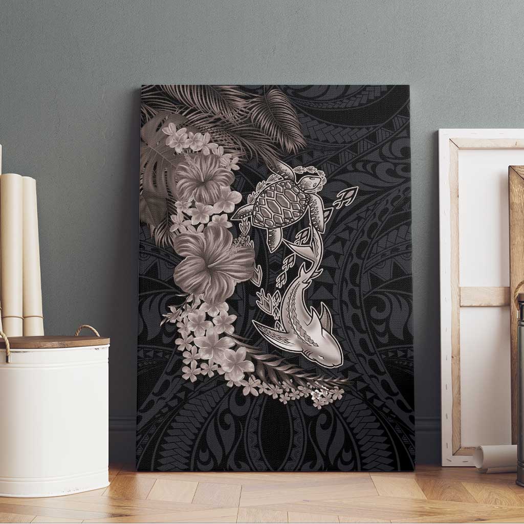 Hawaiian Tropical Plants Turtle and Shark Canvas Wall Art Polynesian Art Tattoo Grayscale Color