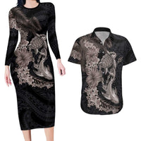 Hawaiian Tropical Plants Turtle and Shark Couples Matching Long Sleeve Bodycon Dress and Hawaiian Shirt Polynesian Art Tattoo Grayscale Color LT03 Black - Polynesian Pride