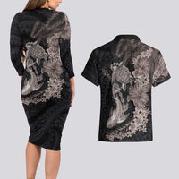 Hawaiian Tropical Plants Turtle and Shark Couples Matching Long Sleeve Bodycon Dress and Hawaiian Shirt Polynesian Art Tattoo Grayscale Color LT03 - Polynesian Pride