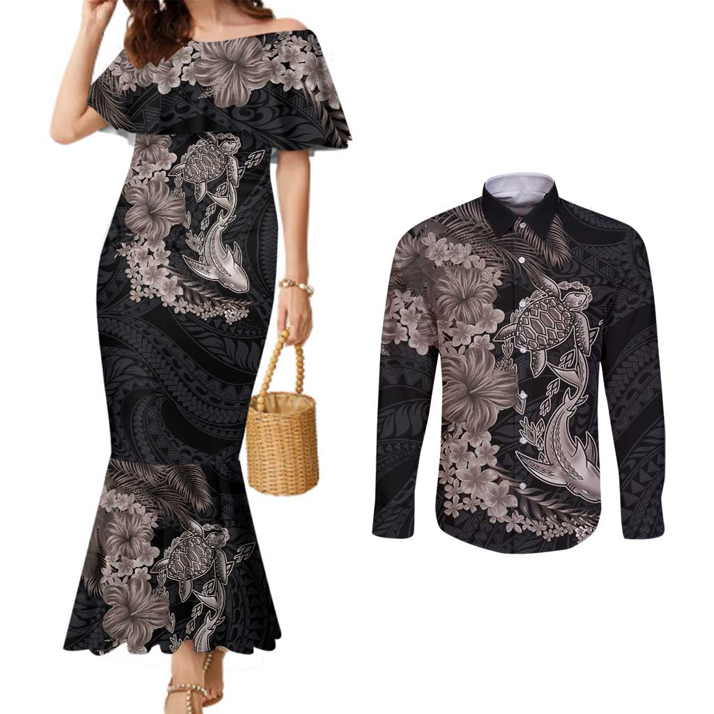 Hawaiian Tropical Plants Turtle and Shark Couples Matching Mermaid Dress and Long Sleeve Button Shirt Polynesian Art Tattoo Grayscale Color