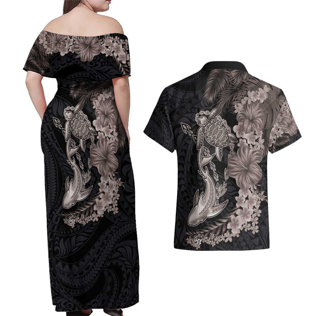 Hawaiian Tropical Plants Turtle and Shark Couples Matching Off Shoulder Maxi Dress and Hawaiian Shirt Polynesian Art Tattoo Grayscale Color LT03 - Polynesian Pride