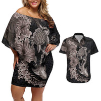 Hawaiian Tropical Plants Turtle and Shark Couples Matching Off Shoulder Short Dress and Hawaiian Shirt Polynesian Art Tattoo Grayscale Color LT03 Black - Polynesian Pride