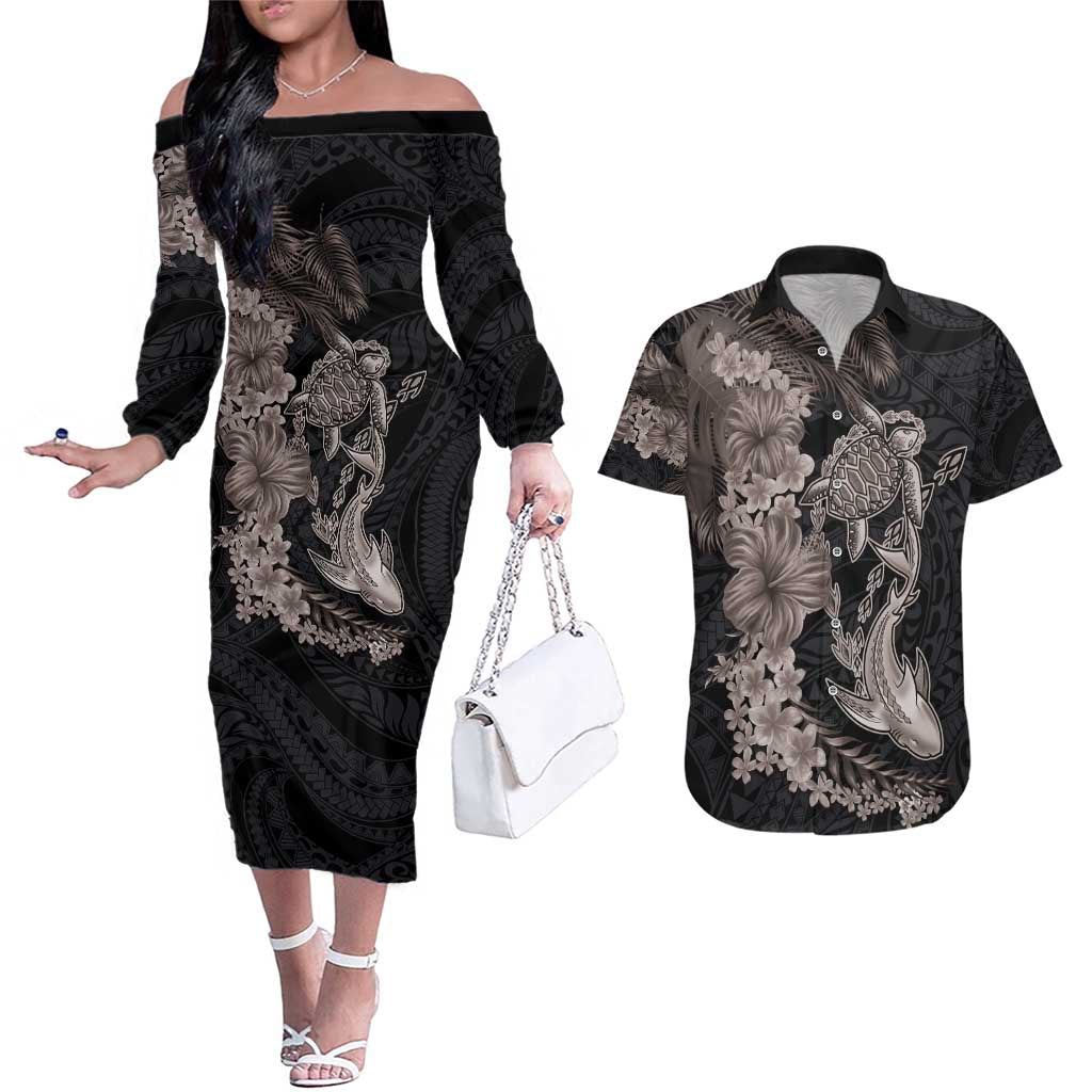Hawaiian Tropical Plants Turtle and Shark Couples Matching Off The Shoulder Long Sleeve Dress and Hawaiian Shirt Polynesian Art Tattoo Grayscale Color LT03 Black - Polynesian Pride