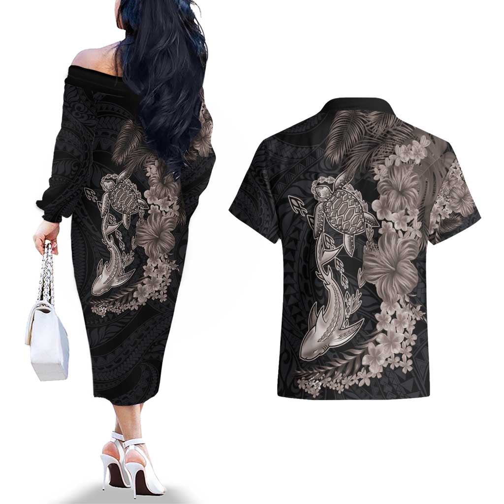 Hawaiian Tropical Plants Turtle and Shark Couples Matching Off The Shoulder Long Sleeve Dress and Hawaiian Shirt Polynesian Art Tattoo Grayscale Color LT03 - Polynesian Pride