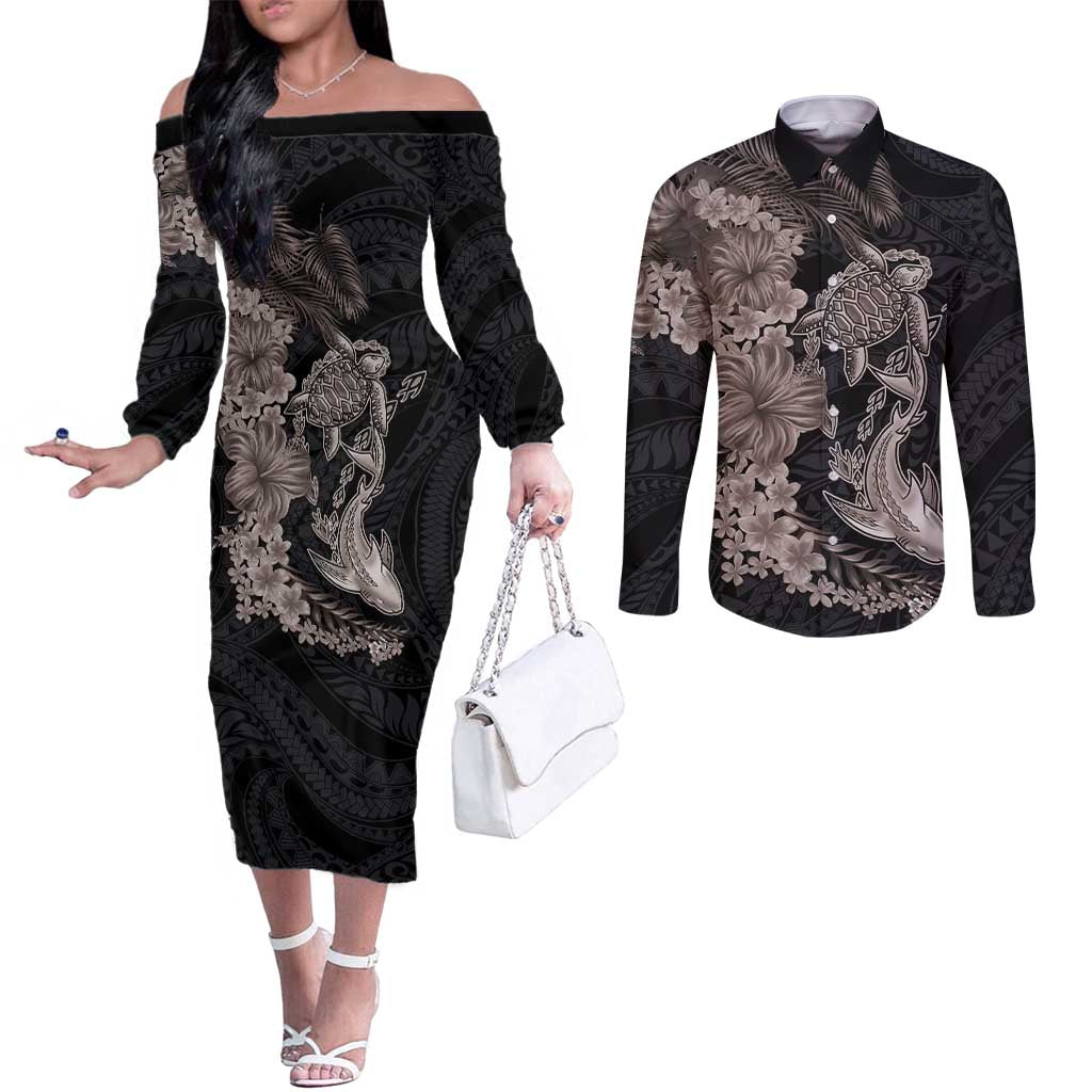 Hawaiian Tropical Plants Turtle and Shark Couples Matching Off The Shoulder Long Sleeve Dress and Long Sleeve Button Shirt Polynesian Art Tattoo Grayscale Color LT03 Black - Polynesian Pride