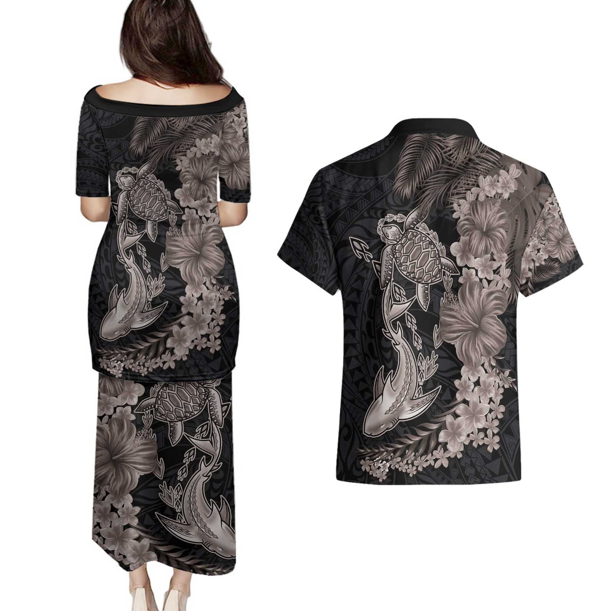 Hawaiian Tropical Plants Turtle and Shark Couples Matching Puletasi and Hawaiian Shirt Polynesian Art Tattoo Grayscale Color