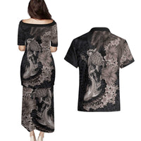 Hawaiian Tropical Plants Turtle and Shark Couples Matching Puletasi and Hawaiian Shirt Polynesian Art Tattoo Grayscale Color