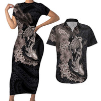 Hawaiian Tropical Plants Turtle and Shark Couples Matching Short Sleeve Bodycon Dress and Hawaiian Shirt Polynesian Art Tattoo Grayscale Color LT03 Black - Polynesian Pride