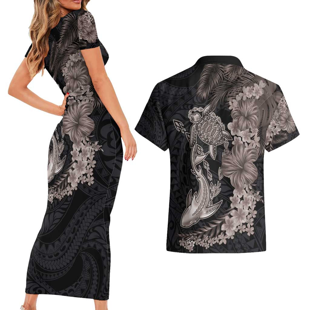 Hawaiian Tropical Plants Turtle and Shark Couples Matching Short Sleeve Bodycon Dress and Hawaiian Shirt Polynesian Art Tattoo Grayscale Color LT03 - Polynesian Pride