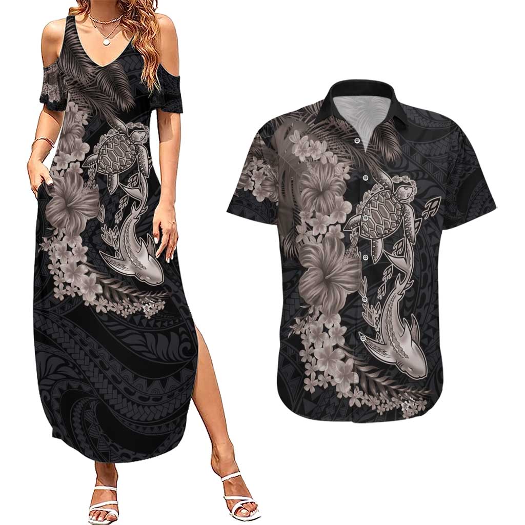 Hawaiian Tropical Plants Turtle and Shark Couples Matching Summer Maxi Dress and Hawaiian Shirt Polynesian Art Tattoo Grayscale Color LT03 Black - Polynesian Pride