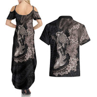 Hawaiian Tropical Plants Turtle and Shark Couples Matching Summer Maxi Dress and Hawaiian Shirt Polynesian Art Tattoo Grayscale Color LT03 - Polynesian Pride