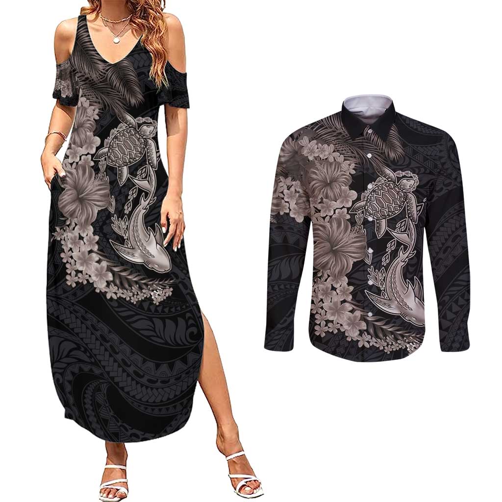 Hawaiian Tropical Plants Turtle and Shark Couples Matching Summer Maxi Dress and Long Sleeve Button Shirt Polynesian Art Tattoo Grayscale Color