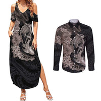 Hawaiian Tropical Plants Turtle and Shark Couples Matching Summer Maxi Dress and Long Sleeve Button Shirt Polynesian Art Tattoo Grayscale Color