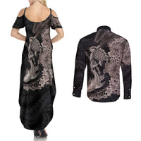 Hawaiian Tropical Plants Turtle and Shark Couples Matching Summer Maxi Dress and Long Sleeve Button Shirt Polynesian Art Tattoo Grayscale Color