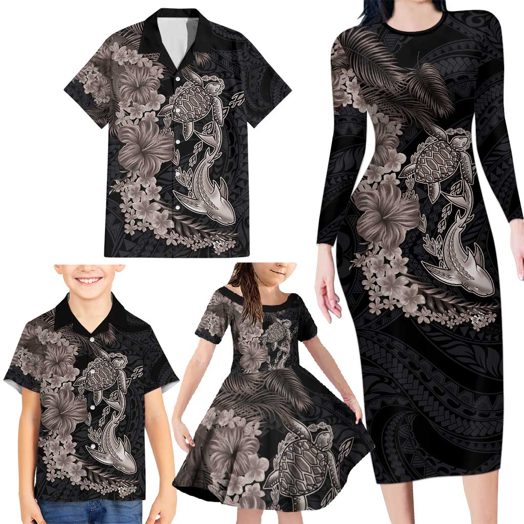 Hawaiian Tropical Plants Turtle and Shark Family Matching Long Sleeve Bodycon Dress and Hawaiian Shirt Polynesian Art Tattoo Grayscale Color LT03 - Polynesian Pride