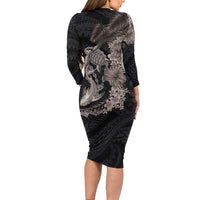 Hawaiian Tropical Plants Turtle and Shark Family Matching Long Sleeve Bodycon Dress and Hawaiian Shirt Polynesian Art Tattoo Grayscale Color LT03 - Polynesian Pride