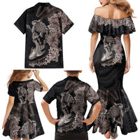 Hawaiian Tropical Plants Turtle and Shark Family Matching Mermaid Dress and Hawaiian Shirt Polynesian Art Tattoo Grayscale Color LT03 - Polynesian Pride