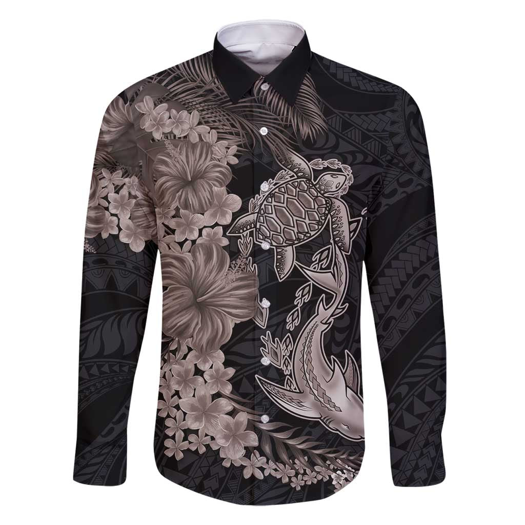 Hawaiian Tropical Plants Turtle and Shark Family Matching Mermaid Dress and Hawaiian Shirt Polynesian Art Tattoo Grayscale Color LT03 Dad's Shirt - Long Sleeve Black - Polynesian Pride
