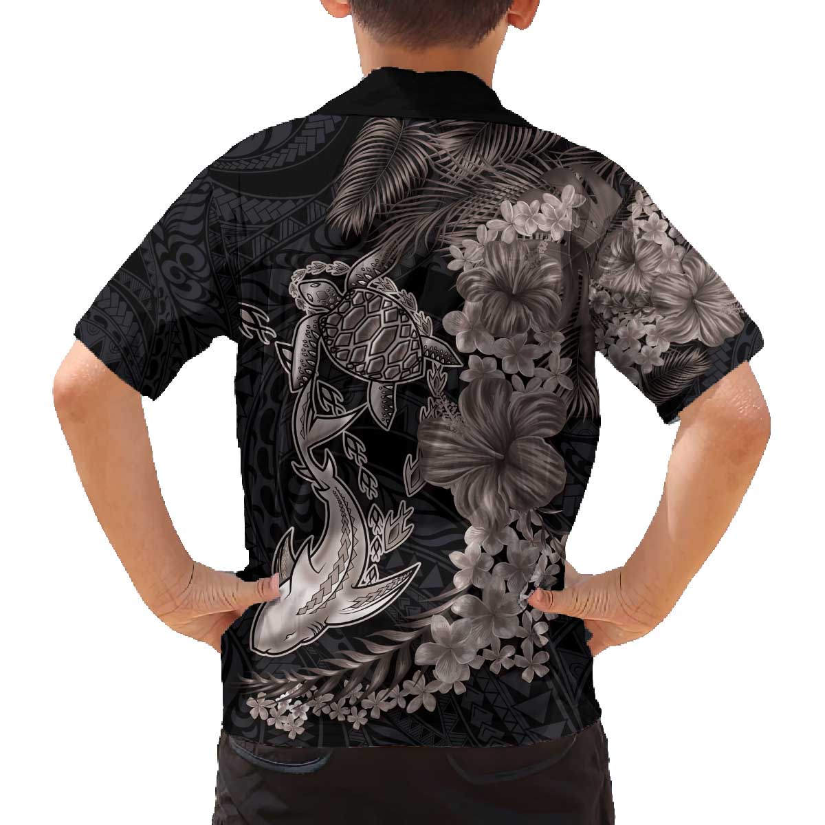 Hawaiian Tropical Plants Turtle and Shark Family Matching Off The Shoulder Long Sleeve Dress and Hawaiian Shirt Polynesian Art Tattoo Grayscale Color LT03 - Polynesian Pride