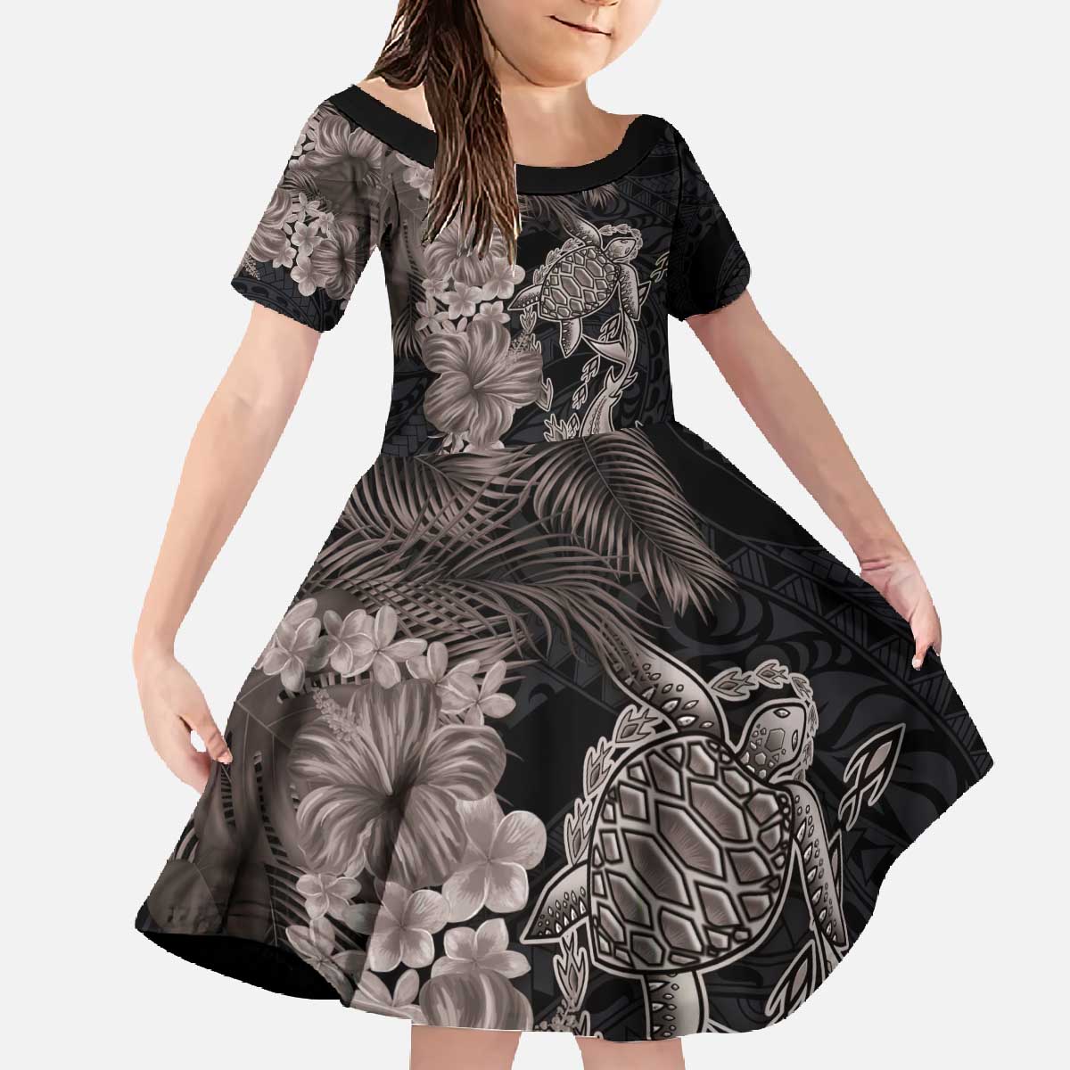Hawaiian Tropical Plants Turtle and Shark Family Matching Off The Shoulder Long Sleeve Dress and Hawaiian Shirt Polynesian Art Tattoo Grayscale Color LT03 Daughter's Dress Black - Polynesian Pride