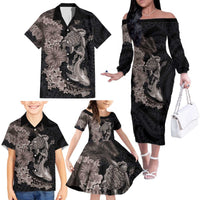 Hawaiian Tropical Plants Turtle and Shark Family Matching Off The Shoulder Long Sleeve Dress and Hawaiian Shirt Polynesian Art Tattoo Grayscale Color LT03 - Polynesian Pride