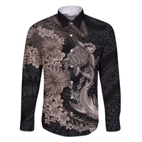 Hawaiian Tropical Plants Turtle and Shark Family Matching Off The Shoulder Long Sleeve Dress and Hawaiian Shirt Polynesian Art Tattoo Grayscale Color LT03 Dad's Shirt - Long Sleeve Black - Polynesian Pride