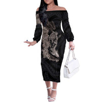 Hawaiian Tropical Plants Turtle and Shark Family Matching Off The Shoulder Long Sleeve Dress and Hawaiian Shirt Polynesian Art Tattoo Grayscale Color LT03 Mom's Dress Black - Polynesian Pride