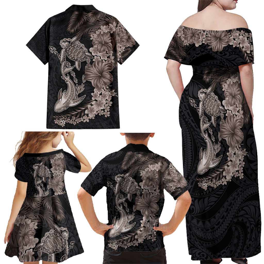 Hawaiian Tropical Plants Turtle and Shark Family Matching Off Shoulder Maxi Dress and Hawaiian Shirt Polynesian Art Tattoo Grayscale Color LT03 - Polynesian Pride