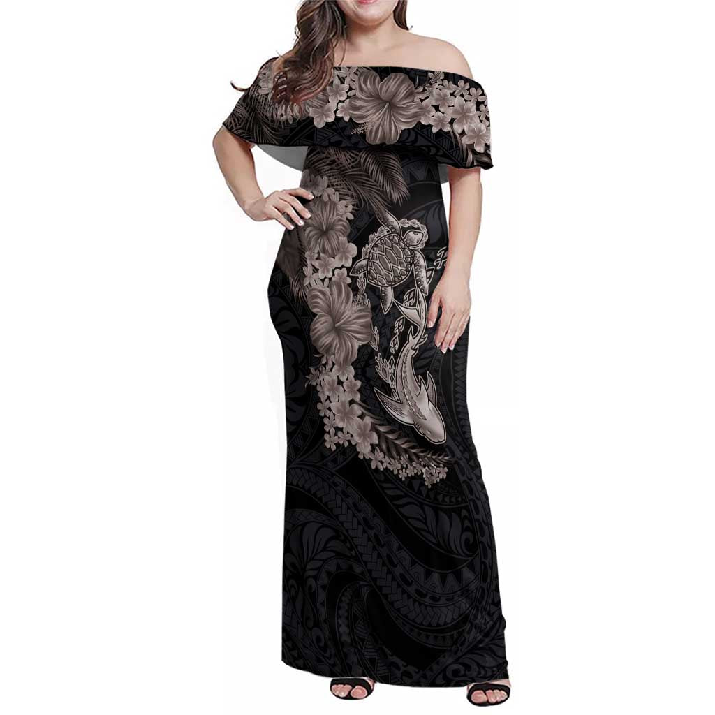 Hawaiian Tropical Plants Turtle and Shark Family Matching Off Shoulder Maxi Dress and Hawaiian Shirt Polynesian Art Tattoo Grayscale Color LT03 Mom's Dress Black - Polynesian Pride