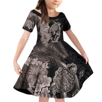 Hawaiian Tropical Plants Turtle and Shark Family Matching Off Shoulder Short Dress and Hawaiian Shirt Polynesian Art Tattoo Grayscale Color LT03 Daughter's Dress Black - Polynesian Pride