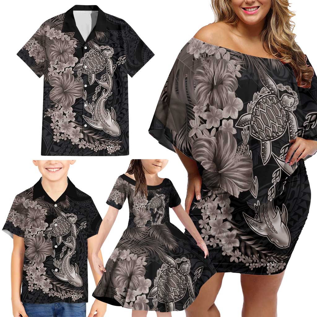 Hawaiian Tropical Plants Turtle and Shark Family Matching Off Shoulder Short Dress and Hawaiian Shirt Polynesian Art Tattoo Grayscale Color LT03 - Polynesian Pride