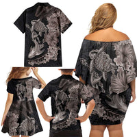 Hawaiian Tropical Plants Turtle and Shark Family Matching Off Shoulder Short Dress and Hawaiian Shirt Polynesian Art Tattoo Grayscale Color LT03 - Polynesian Pride
