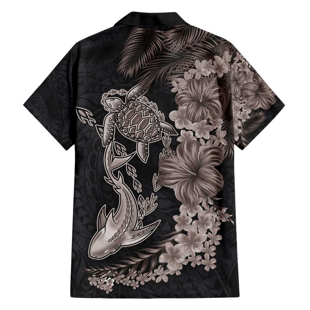 Hawaiian Tropical Plants Turtle and Shark Family Matching Off Shoulder Short Dress and Hawaiian Shirt Polynesian Art Tattoo Grayscale Color LT03 - Polynesian Pride