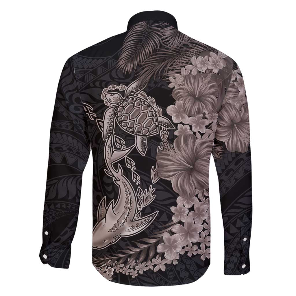 Hawaiian Tropical Plants Turtle and Shark Family Matching Off Shoulder Short Dress and Hawaiian Shirt Polynesian Art Tattoo Grayscale Color LT03 - Polynesian Pride
