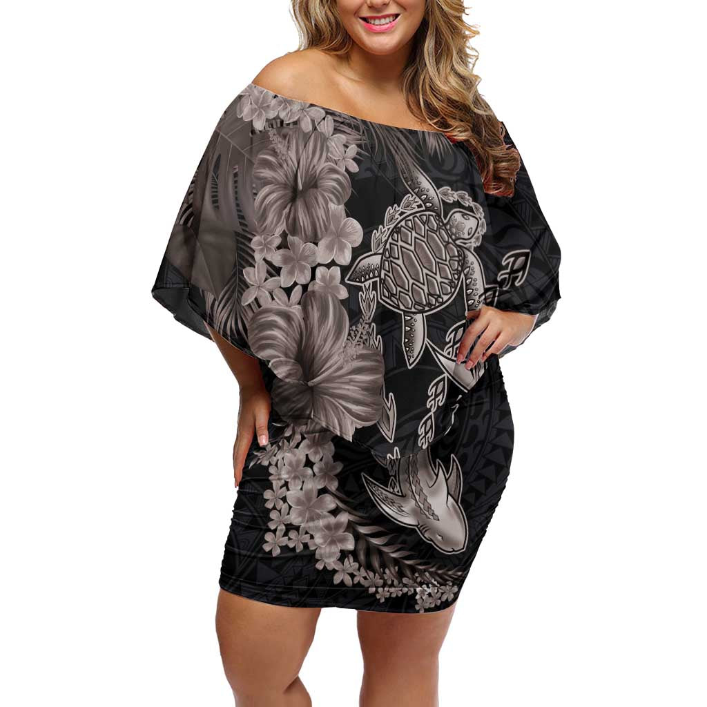 Hawaiian Tropical Plants Turtle and Shark Family Matching Off Shoulder Short Dress and Hawaiian Shirt Polynesian Art Tattoo Grayscale Color LT03 Mom's Dress Black - Polynesian Pride