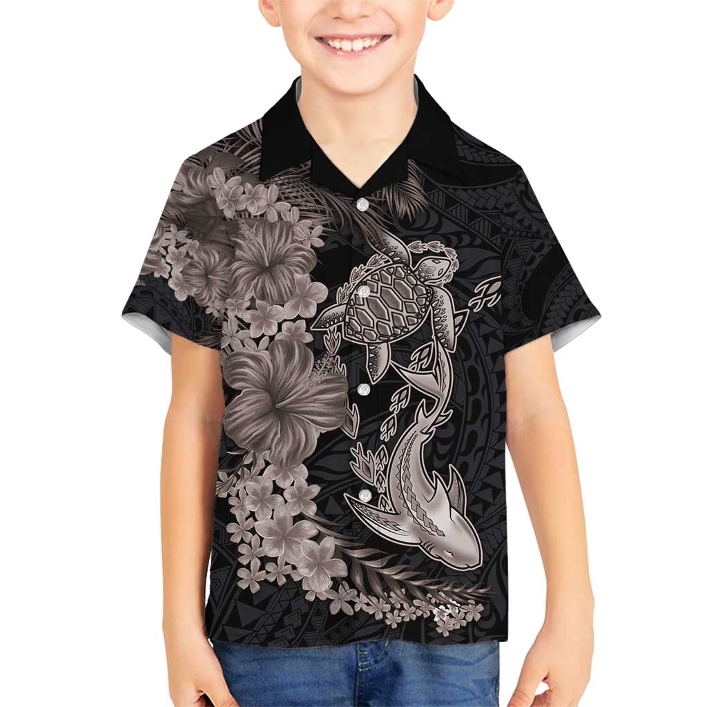 Hawaiian Tropical Plants Turtle and Shark Family Matching Off Shoulder Short Dress and Hawaiian Shirt Polynesian Art Tattoo Grayscale Color LT03 Son's Shirt Black - Polynesian Pride