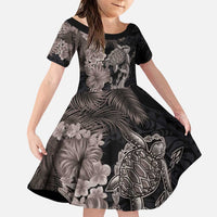 Hawaiian Tropical Plants Turtle and Shark Family Matching Puletasi and Hawaiian Shirt Polynesian Art Tattoo Grayscale Color LT03 Daughter's Dress Black - Polynesian Pride