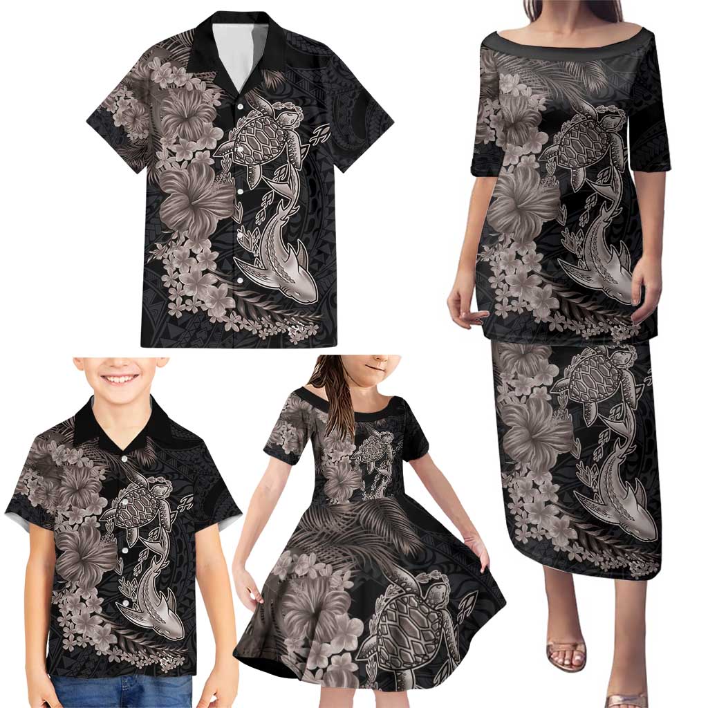Hawaiian Tropical Plants Turtle and Shark Family Matching Puletasi and Hawaiian Shirt Polynesian Art Tattoo Grayscale Color LT03 - Polynesian Pride